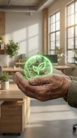 Mature male hand holding glowing green globe with leaf symbol in modern office environment with plants and natural light, representing sustainability.