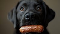 Close up portrait of black Labrador retriever with grilled sausage balanced on nose showing patience and discipline during training. Great for pet food advertising.