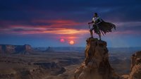Armored warrior stands triumphant on rocky cliff overlooking vast canyon landscape at dramatic sunset with purple and orange sky creating epic fantasy scene.
