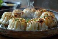 Steaming hot Asian dumplings arranged in circle on wooden plate, garnished with sesame seeds and green onions, soft natural lighting captures rising steam.