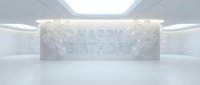 Minimalist white room with Happy Birthday text on a wall, surrounded by transparent balloons, soft lighting, and a clean modern interior.