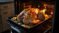 Whole roasted turkey with crispy golden-brown skin in oven, surrounded by vegetables on baking tray, warm lighting highlights juicy texture and holiday cooking.