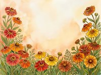 Watercolor autumn flowers frame with warm orange yellow red blooms and green foliage on textured beige background for seasonal greeting cards and invitations.