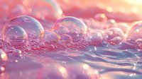 Delicate soap bubbles floating on pink and purple liquid surface with dreamy bokeh lights creating magical macro photography effect. Soft focus abstract background.