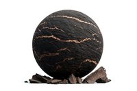 Dark round sphere with copper-colored veins on textured black surface, surrounded by broken fragments. Luxury design element for premium product presentation.