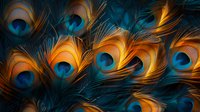 Vibrant peacock feathers in turquoise blue and golden orange create mesmerizing natural pattern. Close-up macro photography reveals intricate eye spots and delicate plumage.