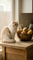 Fluffy long-haired cat with amber eyes sitting on wooden table next to bowl of fresh fruits and pineapples near window with natural light.