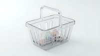 Transparent plastic shopping basket filled with colorful products isolated on white background, ready for retail and e-commerce design applications.