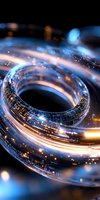 Glowing spiral ring with circuit pattern and light trails against dark background, featuring blue and orange energy streams and bokeh effects for technology concepts.