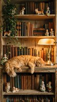 Ginger cat sleeping on wooden shelf with vintage books, brass lamp, climbing ivy, and porcelain figurines in antique library cabinet for home decor and literature themes.