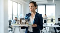 Female real estate agent of Caucasian ethnicity presenting architectural model of residential property in modern office environment with colleagues working in background.