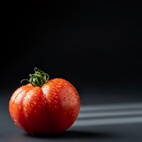 Fresh ripe red tomato with water droplets on dark background for culinary and cooking projects.