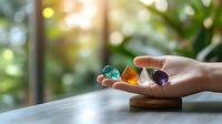 Healing crystals in feminine hand against natural bokeh background, amethyst, citrine and turquoise stones for meditation and spiritual practices.