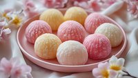 Colorful traditional Japanese mochi rice cakes on pink plate with cherry blossoms for dessert presentation and cultural cuisine photography.