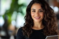 Young Hispanic businesswoman with curly dark hair and confident smile holding digital tablet in office setting, wearing black top against blurred background.