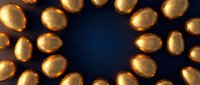 Golden eggs arranged in circular pattern on dark blue background creating luxurious frame composition for Easter holiday celebration and wealth concept designs.
