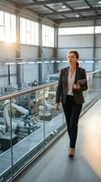 Middle-aged Caucasian businesswoman in formal black blazer and white shirt walking through modern industrial office building corridor holding tablet, corporate professional environment.