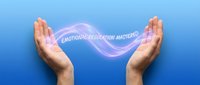 Hands protecting glowing emotional regulation mastery text on blue gradient background for mental health wellness and self-control concept design.