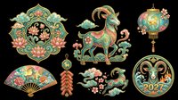 Chinese New Year 2027 Year of the Goat clipart set, isolated on transparent background. Includes lantern, fan, firecrackers, floral ornaments. For T-shirts, stickers, print on demand.