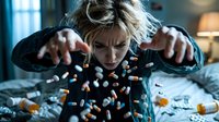 Young blonde woman overwhelmed by scattered pills and medications on bed, depicting mental health struggles, addiction recovery, or pharmaceutical overdose concept.