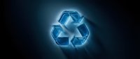 Glowing blue recycling symbol with luminous effects on dark background for environmental awareness campaigns and sustainability projects.