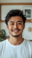 Smiling young Asian man with stylish hair and beard wearing white t-shirt in modern home interior for lifestyle and portrait photography.