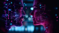 Digital faces with glowing circuit patterns facing each other in purple and blue neon colors against dark background, representing artificial intelligence and machine learning.