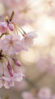 Delicate pink cherry blossoms with soft petals and visible stamens on branch against dreamy bokeh background for spring nature designs.