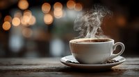 Steaming hot coffee cup on wooden table with warm bokeh lights creating cozy cafe atmosphere for morning beverage and relaxation moments.