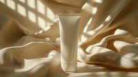 White cosmetic tube on beige silk fabric with natural window light and shadows creating elegant composition for beauty product photography and advertising.