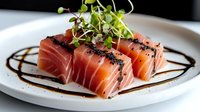 Fresh raw tuna sashimi slices garnished with microgreens and black sesame seeds on white plate with balsamic reduction drizzle, restaurant presentation.