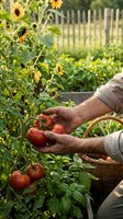 Senior gardener harvesting fresh ripe tomatoes from organic vegetable garden with wicker basket. Hands picking red tomatoes from plants with sunflowers in background.
