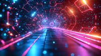 Futuristic neon tunnel with glowing blue and pink lights creating dynamic perspective. Abstract digital pathway through cyberpunk corridor with geometric elements.