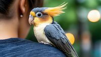 Cockatiel parrot with yellow crest perched on person's shoulder against blurred bokeh background, showing affectionate pet behavior and natural plumage colors.