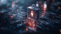 Glowing padlock icon on digital circuit board with orange light effects and depth of field, representing cybersecurity and data protection concept.