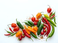 Assorted fresh chili peppers and bell peppers arranged on white background with scattered spices, suitable for food, cooking, and culinary design projects.