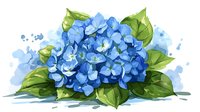 Vibrant blue hydrangea flowers with green leaves on watercolor splash background, artistic botanical illustration for greeting cards and wall art decoration.