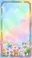 Pastel rainbow watercolor frame with cute cartoon animals, balloons, stars, and flowers, perfect for kids cards, invitations, and social media posts.