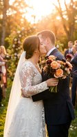 Newlywed couple sharing intimate kiss during golden hour wedding ceremony with autumn bouquet and guests in blurred background creating romantic atmosphere.