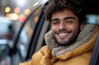 Young Hispanic man with curly hair smiling warmly while sitting in car during evening with city lights bokeh background creating cozy winter atmosphere.