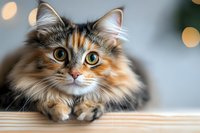 Adorable calico Maine Coon cat with bright green eyes and fluffy fur resting on wooden surface against blurred bokeh background, looking at camera with gentle expression.