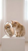 Adorable orange tabby kitten looking at its reflection in round mirror on white pedestal in bright minimalist room for pet care and self-awareness concepts.