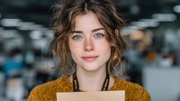 Young Caucasian woman with tousled brown hair wearing mustard yellow sweater smiling warmly in modern office environment for professional headshot photography.