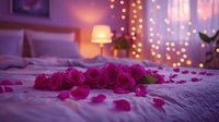 Pink roses and scattered petals on white bedding with romantic fairy lights and warm lamp glow creating intimate bedroom atmosphere for Valentine's day or anniversary celebration.