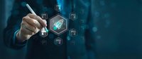 Businessman pointing at glowing rocket launch icon in digital hexagonal network, symbolizing startup growth, innovation, and business strategy.