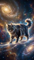 Majestic tabby cat walking on cosmic pathway surrounded by swirling galaxies, nebulae and starlight in deep space fantasy scene for digital art projects.