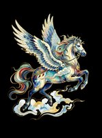 Ornate winged horse Pegasus with colorful flowing mane, gold accents, and clouds, isolated on transparent background. Great for t-shirt design, stickers, and print on demand.