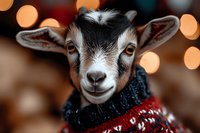Adorable goat wearing festive red sweater with warm bokeh lights background creating cozy holiday atmosphere for seasonal greeting cards and decorations.