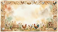 Vintage ornamental frame featuring roosters, hens, and farm birds with decorative golden botanical border and watercolor background, suitable for farmhouse design, poultry illustrations, and rustic decor projects.