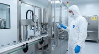 Scientist in protective suit operating automated pharmaceutical manufacturing equipment in sterile cleanroom laboratory for drug production and quality control.
